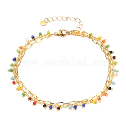 2 Layered Brass Curb Chains Anklets, with Handmade Glass Beaded Chains & Paperclip Chains, 304 Stainless Steel Heart Charms, Lobster Claw Clasps, Colorful, 9-1/4 inch(23.5cm)