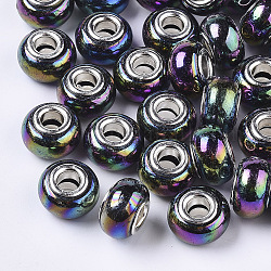 Perle europee in resina opaca, perline con foro grande, imitazione della porcellana, con tono platino ottone doppie core, ab colore, rondelle, nero, 14x9mm, Foro: 5 mm