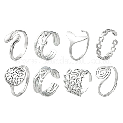 8Pcs 8 Style Whale Tail & Wave & Flower & Vortex & Snake Stainless Steel Open Cuff Ring Set, Adjustable Rings for Women, Stainless Steel Color, Inner Diameter: 16.5~17.9mm, 1Pc/style
