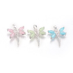 Cat Eye Pendants, with Rhinestone and Brass Findings, Dragonfly, Silver Color Plated, Mixed Color, 23x21.5x4.5mm, Hole: 3.5x4mm