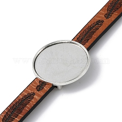Impostazioni del braccialetto a maglie tonde piatte in lega adatte per cabochon, con cordoncini in pelle PU con motivo piuma, argento antico, 8 pollice (20.3 cm), vassoio: 24.5x24.5mm