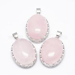 Ciondoli quazo rosa naturale, con accessori di ottone, ovale, platino, 30x21x10~11mm, Foro: 6x4 mm