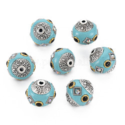 Handmade Indonesia Beads, with Rhinestone and Brass Findings, Round, Antique Silver, Medium Turquoise, 15x15mm, Hole: 1.8mm