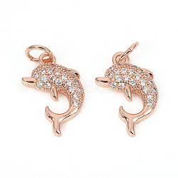 Brass Micro Pave Cubic Zirconia Charms, with Jump Rings, Dolphin, Clear, Rose Gold, 14x9x2.5mm, Jump Rings: 4.8x0.8mm, 3.2mm Inner Diameter