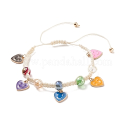 Bracelet rond en perles de verre tressées, coeur en alliage d'émail avec bracelet à breloques visage souriant pour femme, colorées, diamètre intérieur: 1-3/4~3-7/8 pouce (4.6~9.85 cm)