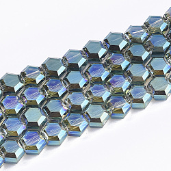 Chapelets de perles en verre électroplaqué, facette, hexagone, turquoise moyen, 5x6x4mm, Trou: 1mm, Environ 100 pcs/chapelet, 20.4 pouce