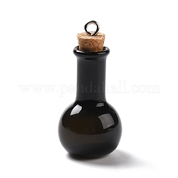 Ciondoli di vetro, con tappo per bottiglia in legno e passanti in lega di platino, a forma di bulbo, nero, 34x18mm, Foro: 2 mm