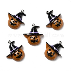 Pendentifs en résine opaque d'halloween, avec boucles en fer couleur platine, citrouille avec chapeau de sorcière, orange foncé, 29x26x7mm, Trou: 2mm