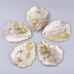 Galvanoplastia keshi concha perla grandes colgantes, hoja, la luz de oro, 64~65x51.5~53x3~5mm, agujero: 2 mm