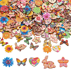 Set di bottoni in legno stampati nbeads 5 stile 2 fori, per il cucito artigianale, stella/cuore/coniglio/farfalla/fiore, colore misto, 18~30x24~30x2~2.5mm, Foro: 1.6~2.4 mm
