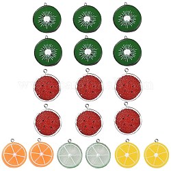 18 pz 5 colori pendenti in resina, con accessori di ferro, limone e kiwi e anguria, rotondo e piatto, colore misto, 37~38x33~34x9~10mm, Foro: 2 mm, 18pcs/scatola