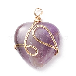 Natural Amethyst Pendants, with Golden Tone Copper Wire Wrapped, Heart, 40.5x30x8.5mm, Hole: 4.2mm