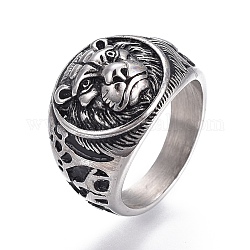 304 chevalière en acier inoxydable pour homme, larges anneaux bande de doigt, plat et circulaire avec lion, argent antique, taille 7~12, 17~22mm