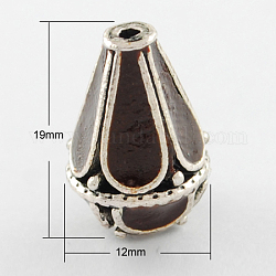 Handmade Indonesia Beads, with Alloy Cores, Teardrop, Antique Silver, Coconut Brown, 19x12mm, Hole: 2mm