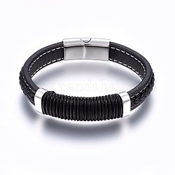 Bracelets de cordon en cuir, fermoir magnétique en 304 acier inoxydable, rectangle, couleur inoxydable, 8-5/8 pouce (22 cm), 12~15x6~10mm