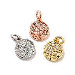 Flat Round with Pavilion Brass Micro Pave Clear Cubic Zirconia Charms, with Jump Rings, Cadmium Free & Lead Free, Mixed Color, 12x10x1.8mm, Hole: 2.8mm