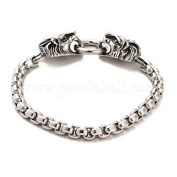 304 bracelets chaîne box en acier inoxydable avec fermoirs lion, argent antique, 8-1/2 pouce (21.5 cm)