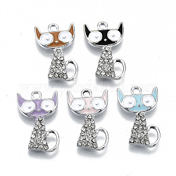 Eco-Friendly Zinc Alloy Pendants, with Enamel and Crystal Rhinestone, Cadmium Free & Nickel Free & Lead Free, Cat, Platinum, Mixed Color, 21~22x13x2.5mm, Hole: 1.8mm