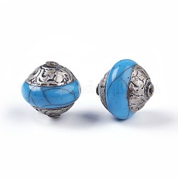 Tibetische Stil Perlen, mit Messing, synthetische Türkis, Doppelkegel, Antik Silber Farbe, Licht Himmel blau, 13.7x14.3 mm, Bohrung: 1.2 mm