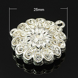 Zinc Alloy Magnetic Clasps, with Rhinestone, Lead Free and Nickel Free, Flower, Silver Color Plated, 25x7mm, Hole: 2mm