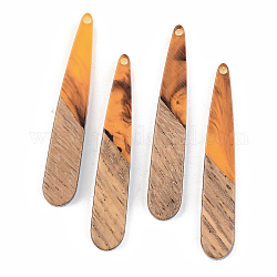 Resin & Walnut Wood Pendants, Teardrop, Orange, 44x7.5x3mm, Hole: 1.5mm