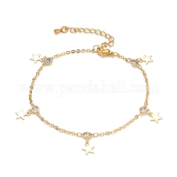 Brass Star Charm Anklets, with Clear Cubic Zirconia and Rolo Chains, Golden, 9-1/4 inch(23.5cm)