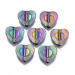 Perlas de aleación de color arco iris chapado en estante, Sin cadmio y níque y plomo, textura, corazón, 15x15x5mm, agujero: 1.8 mm
