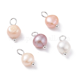 Breloques de perles de culture d'eau douce naturelles, avec épingles à tête sphérique en laiton platine, ovale, couleur de coquillage, 10~12x6.5~8x4~5.5mm, Trou: 2.3~2.6mm