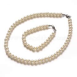 Perle de verre teinté en acier inoxydable et bracelets de perles, avec 304 mousquetons en acier inoxydable, beige, 16.9 pouce (429 mm), 190 mm (7-1/2 pouces)