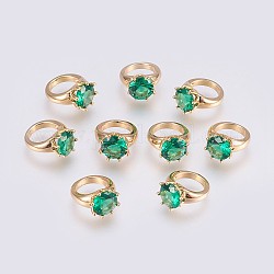 Brass Charms, Real 18K Gold Plated, Long-Lasting Plated, with Rhinestone, Ring, Nickel Free, Emerald, 12x10x6.5mm, Hole: 7mm