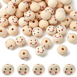 Perles européennes en bois naturel imprimées, Perles avec un grand trou   , ronde avec le visage de sourire, sans plomb, non teint, papayawhip, 19~20x17.5~18mm, Trou: 4.5mm