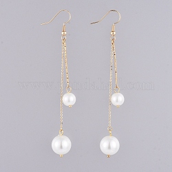 Dangle Earrings, with Glass Pearl Beads, Iron Bar Links, Golden Plated Brass Cable Chains and Earring Hooks, Golden, 88mm, Pin: 0.7mm