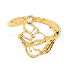 304 anello regolabile in acciaio inossidabile con zirconi cubici, fiore di nascita febbraio-iris, oro, 1.5~15mm, diametro interno: 16.8mm