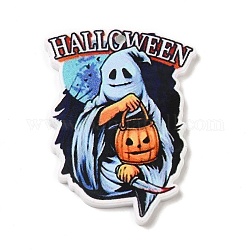 Halloween Themed Opaque Printed Acrylic Pendants, Ghost with Pumpkin Charm, Ghost, 43.5x33x2mm, Hole: 2mm