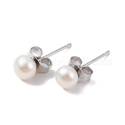 Orecchini a bottone con perle rotonde di perle naturali, con veri reperti in argento sterling placcati platino 925, bianco, 14x4~5mm