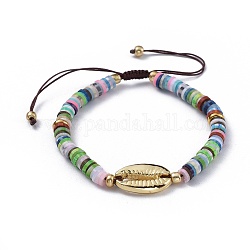 Nylon Thread Braided Beads Bracelets, with Polymer Clay Heishi Beads, Glass Seed Beads and Alloy Pendants, Cowrie Shell, Colorful, 2 inch(5.2cm)