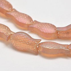 Frosted Electroplate Glass Fish Beads Strands, AB Color Plated, Salmon, 15x8x5mm, Hole: 1mm, about 30pcs/strand, 16 inch