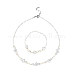Bracciale elasticizzato con perline imitazione plastica ABS e collana di perline, set di gioielli per le donne, bianco, 15-1/2 pollice (39.5 cm), diametro interno: 2-1/4 pollice (5.7 cm), 2 pc / set