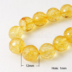 Natural Quartz Crystal Beads Strands, Dyed & Heated, Imitation Citrine, Faceted, Round, Goldenrod, 12mm, Hole: 1mm, about 16pcs/strand, 7.4 inch