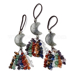 Décorations pendentif en labradorite naturelle lune, Ornements suspendus avec pompon en corde de nylon et pierres précieuses, 150~155mm