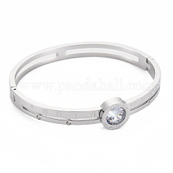 Bracelet jonc rond plat strass cristal avec chiffre romain, bracelet articulé en acier inoxydable pour femme, couleur inoxydable, diamètre intérieur: 1-7/8x2-1/4 pouce (4.9x5.7 cm)