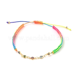 Bracelets de perles de nylon tressés réglables, avec des liens au lampwork mauvais œil et des perles rondes en laiton, colorées, véritable 18k plaqué or, diamètre intérieur: 2-1/4~3-3/8 pouce (5.8~8.5 cm)