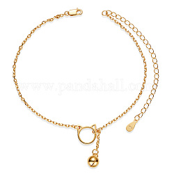 Shegrace 925 bracelets de cheville en argent sterling à maillons, avec des chaînes câblées, tête de chat et cloche, véritable 18k plaqué or, 8-1/4 pouce (21 cm)
