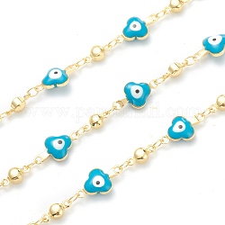 Golden Brass Enamel Link Chain, Long-Lasting Plated, with Spool, Soldered, Evil Eye, Light Blue, Link: 13x7x3mm and 8x3.5x3mm. 10m/roll