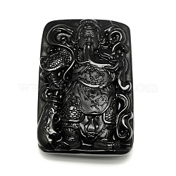 Chinoiserie Jewelry Findings Natural Obsidian Cameo Big Pendants, Rectangle with Kuan Kung, Black, 59x39x12mm, Hole: 1mm