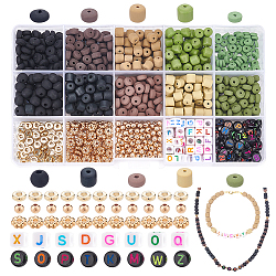 PandaHall 910pcs Clay Heishi Beads Kit, Including 590pcs 10 Colors Clay Cylinder Beads 3 Styles Golden Spacer Beads Flat Beads and 100pcs Letter Beads for Bracelet Necklace Jewelry Making