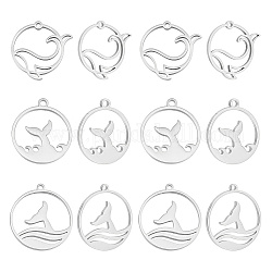 ARRICRAFT 18Pcs 3 Style 304 Stainless Steel Pendants, Flat Round with Fishtail & Whale Charm, Stainless Steel Color, 19.5~22x17.5~20x1~1.5mm, Hole: 1.4~1.8mm, 6pcs/style