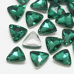Cabochons en verre avec strass de dos avec point, dos plaqué, facette, triangle, med.emerald, 9.5x10x4mm