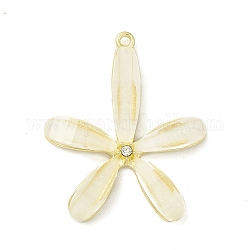 Transparent Resin Pendants, 5 Petal Flower Charms, with Rack Plating Alloy Crystal Rhinestone Findings, Golden, 41x34x5mm, Hole: 1.8mm