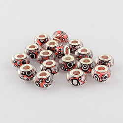 Large Hole Acrylic European Beads, with Silver Tone Brass Double Cores, Rondelle, Indian Red, 14x9mm, Hole: 5mm
